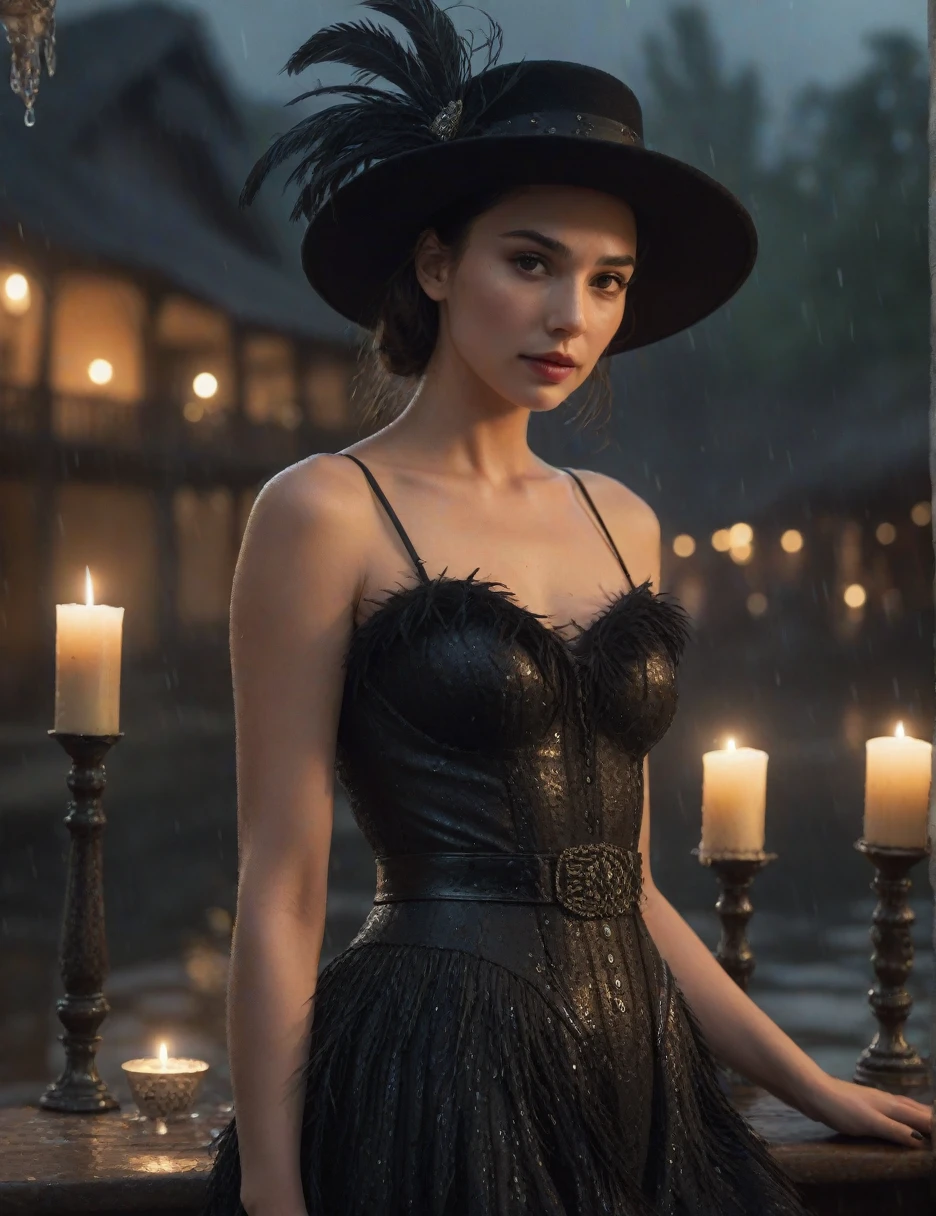 Hiperrealistic cinematic poster of GAL GADOT wearing a gothic vintage dress and a vintage hat adorned with LONG ostrich feathers, The scene is illuminated with tinted lighting CANDLES ON THE CHANEL IN XOCHIMILCO WITH TRAJINERAS, creating a warm and mystical atmosphere. WITH A DAY OF DEAD OFFREND. GAL GADOT has traditional , blending elegance with cultural heritage. Behind her, there is a natural water cHANEL surrounded by natural WOOD, with a bokeh effect in the background. Soft raindrops fall, gently illuminated by GLOW WORM t in the background. The poster has a standard cinematic size of 24x36 inches. Ultra-detailed, 4K resolution." 4k, hyperrealistic, cinematic lighting, vintage fashion, Day of the Dead, Catrina makeup, orange lighting, bokeh