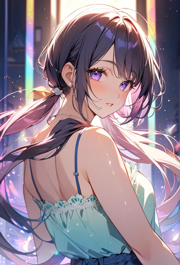 Highest quality　masterpiece　High resolution　masterpieceグレーアイズ　Low Twintails、casual summer outfit　、flowerpunk、Sparkling light particles、Vivid gradient effect