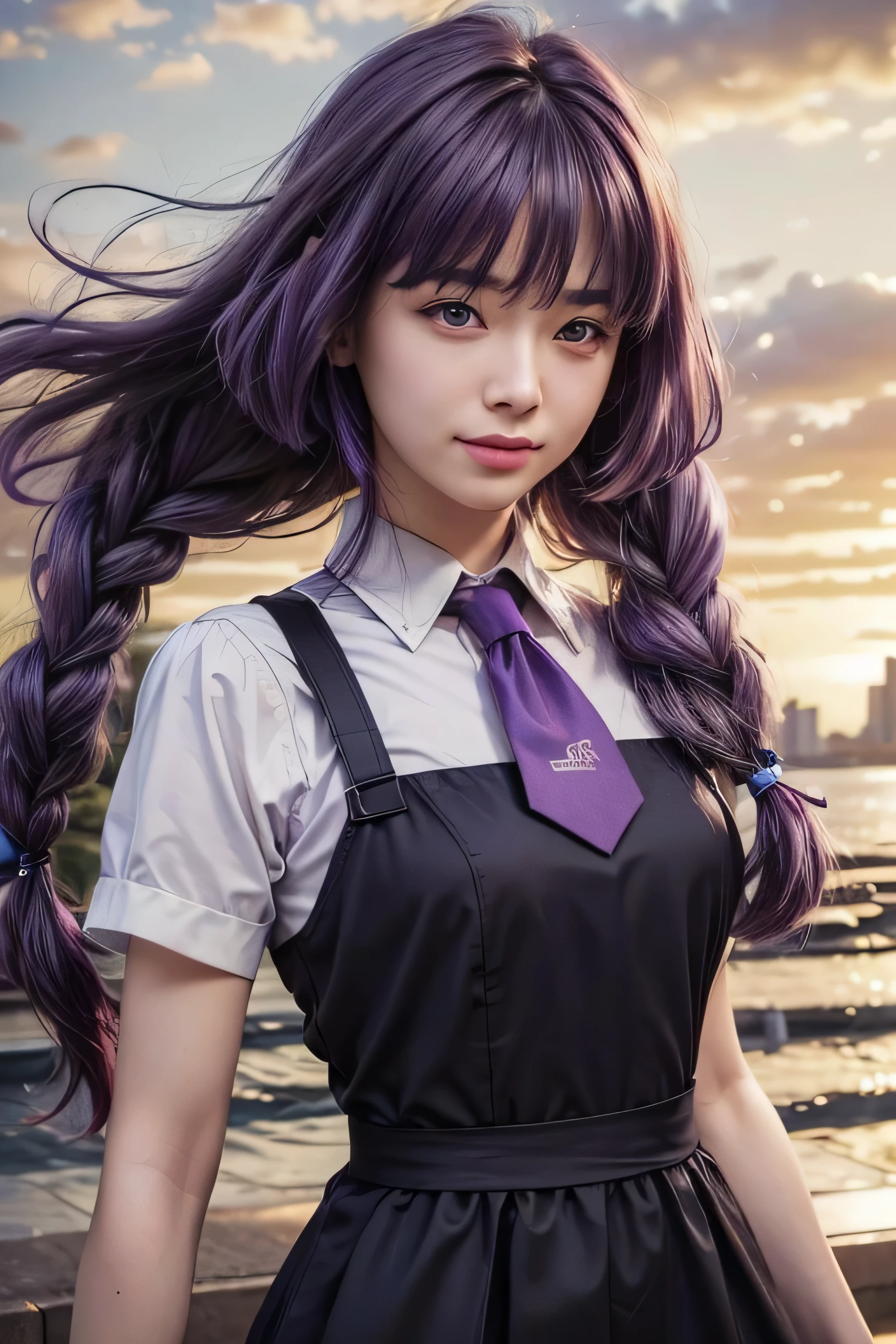 masterpiece, best quality, (realistic,photo-realistic:1.4), (RAW photo:1.2), extremely detailed CG unity 8k wallpaper, delicate and beautiful, amazing,finely detail, official art, absurdres, incredibly absurdres, huge filesize, ultra-detailed,extremely detailed eyes and face,light on face,sumire kakei,(little smile),(purple hair:1.4),(long hair:1.6),(wearing dress:1.4),garden,(nature background:1.5),necktie,braided hair,(white shirt:1.4)