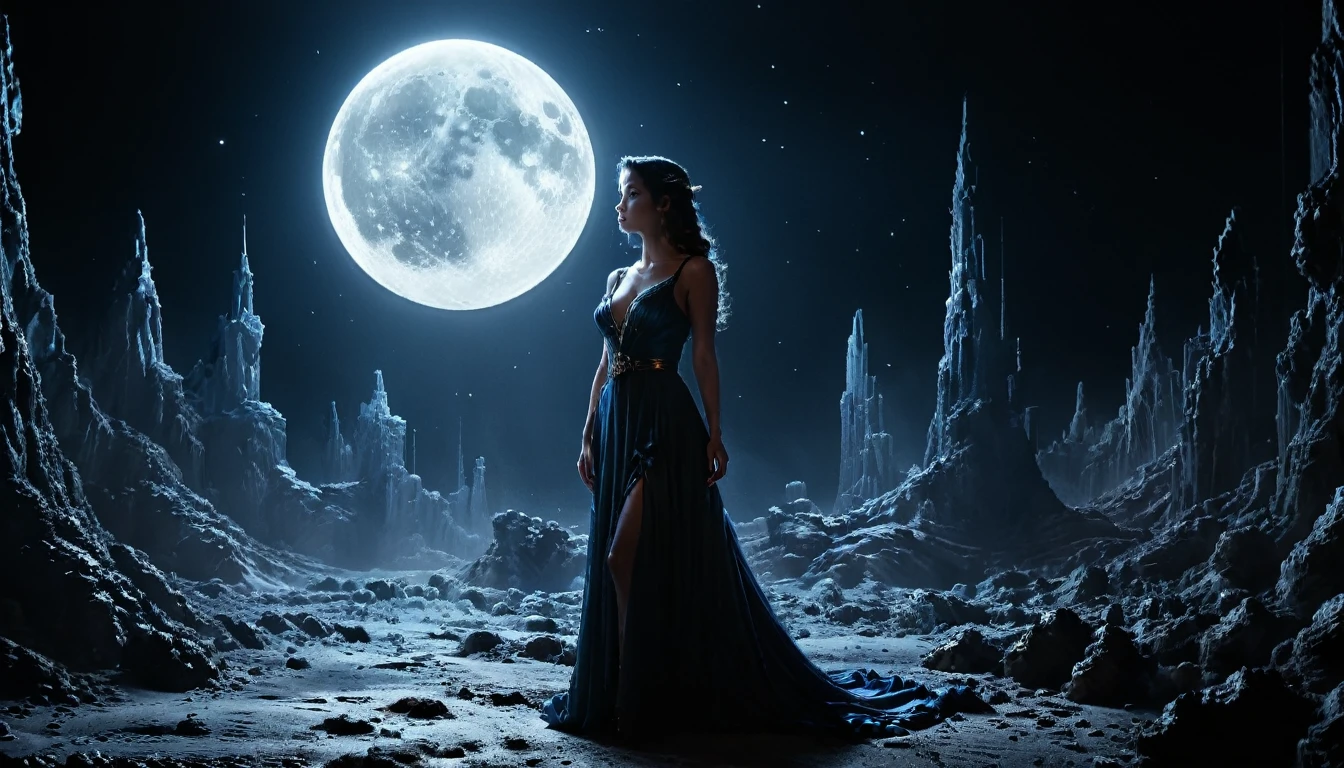 goddess,Are standing, Moonlight Confession, I am on the moon、I asked if you still needed me. She said that I was not used to dealing with such cases.. Cinematic, Dramatic lighting, Very clear, 息を呑む超現実的なmasterpiece,(masterpiece, Highest quality, Official Art, Sublime and aesthetic:1.5), Cleavage