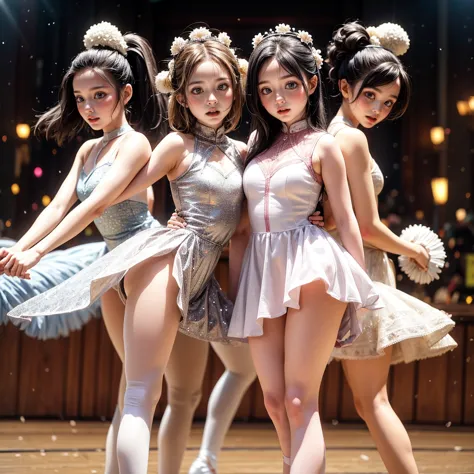 sfw, extremelydetailed (((kawaii ballet girls group in a row:1.37))), childish perfect face, reflective eyes, detailed(delicate ...