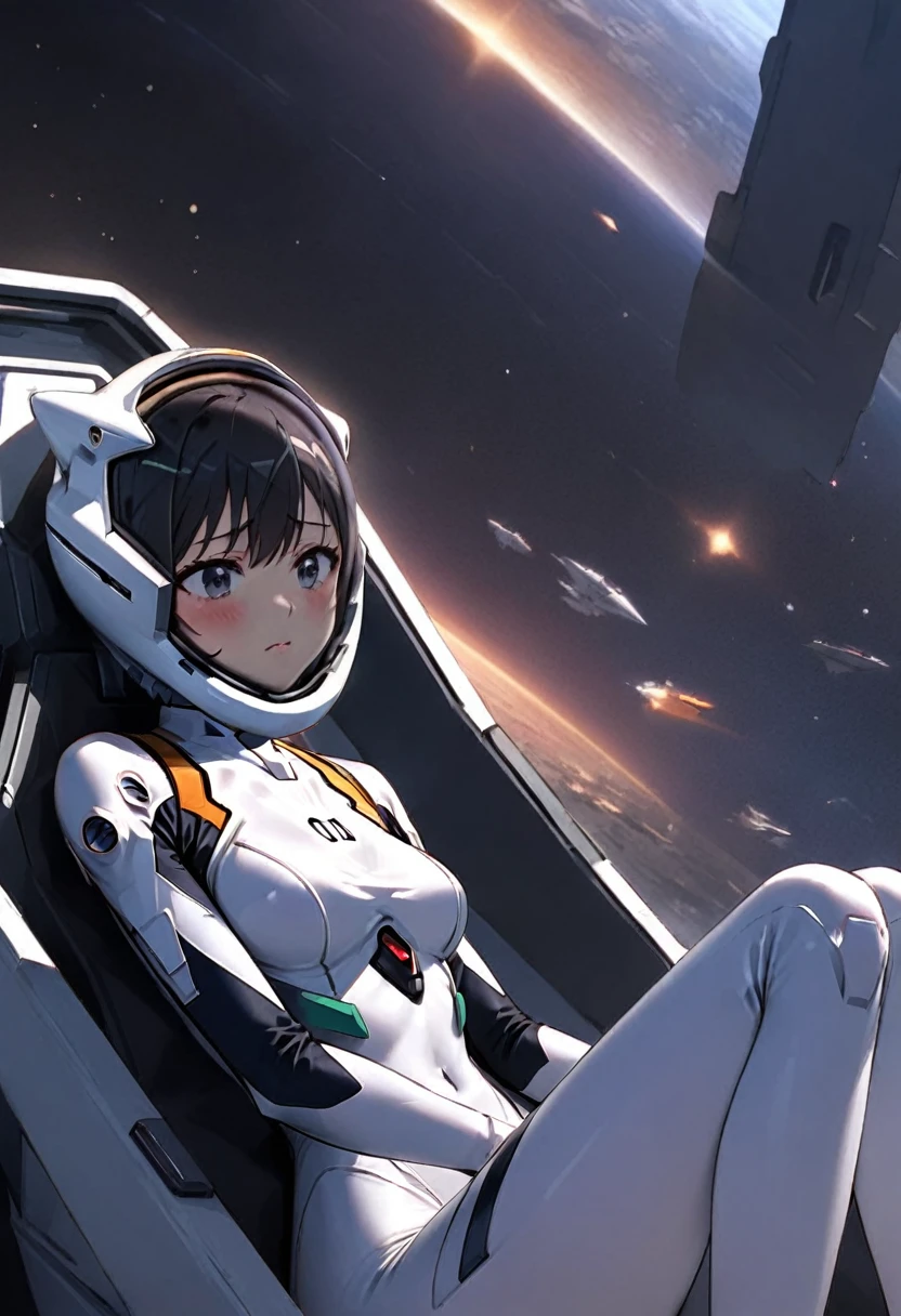 ( short hair, street, emo, BLACK hair, white eyes, eyeliner, apocalypse, girl, nside the (cockpit) of a (futuristic spaceship:1.6), , blush,sitting on a chair, covered navel, space helmet, muvluv, space helm, plugsuit , space helmet, eva helm,white bodysuit, short hair, upper body,close up