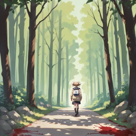 himiko toga walking in a black forest while covered in blood