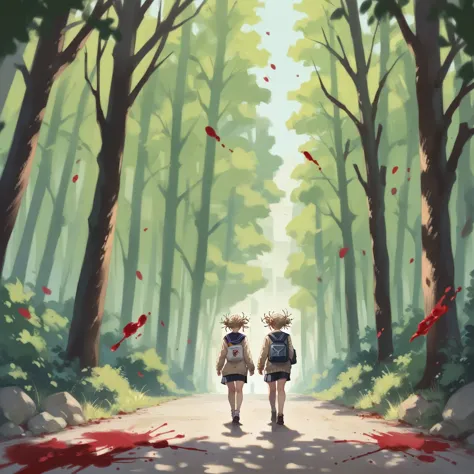 himiko toga walking in a black forest while covered in blood