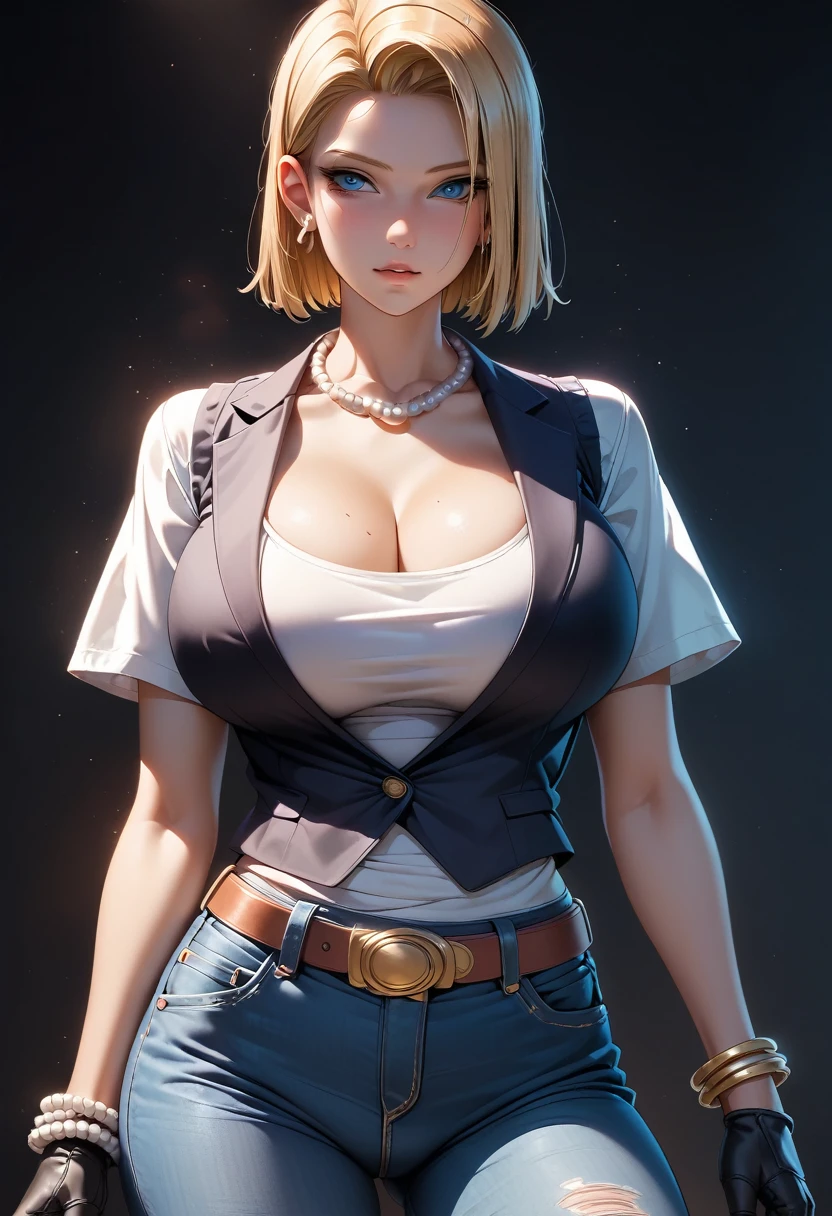 （（（完美shape，shape，alone， （（（belt, jeans, Pearl_necklace, bracelet, Black gloves, White shirt,Short sleeve, Earrings, Blue pants, Open Vest, Black vest,））），（（（AND18, Android 18, Blonde, blue eyes, short hair, ））），((masterpiece)),High resolution, ((Best quality at best))，masterpiece，quality，Best quality，（（（ Exquisite facial features，Looking at the audience,There is light in the eyes，(（（anger，Severe））)，））），型shape:1.7））），（（（Light and shadow，Huge breasts））），（（（Looking into the camera，Black background，）））