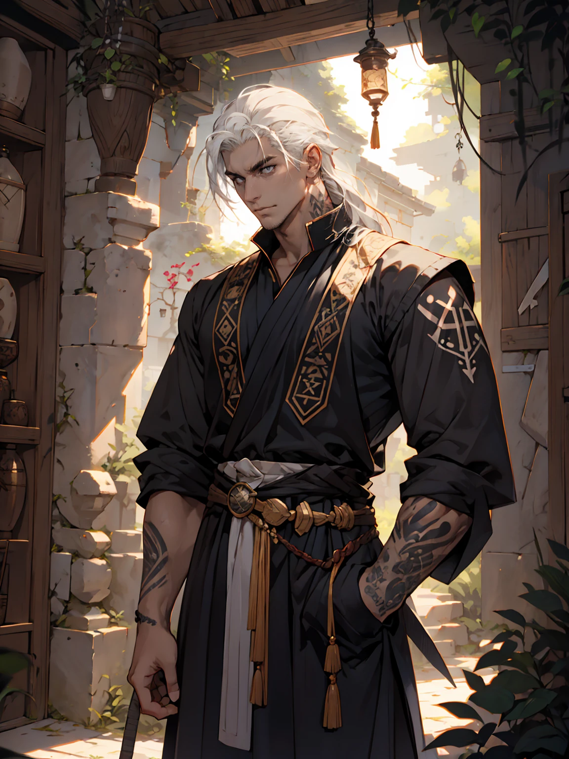 Handsome, tall, male, young, shoulder length hair, hair pushed back, white hair, strong jawline, grey eyes, no facial hair, black tunic, runes, runic tattoos,
