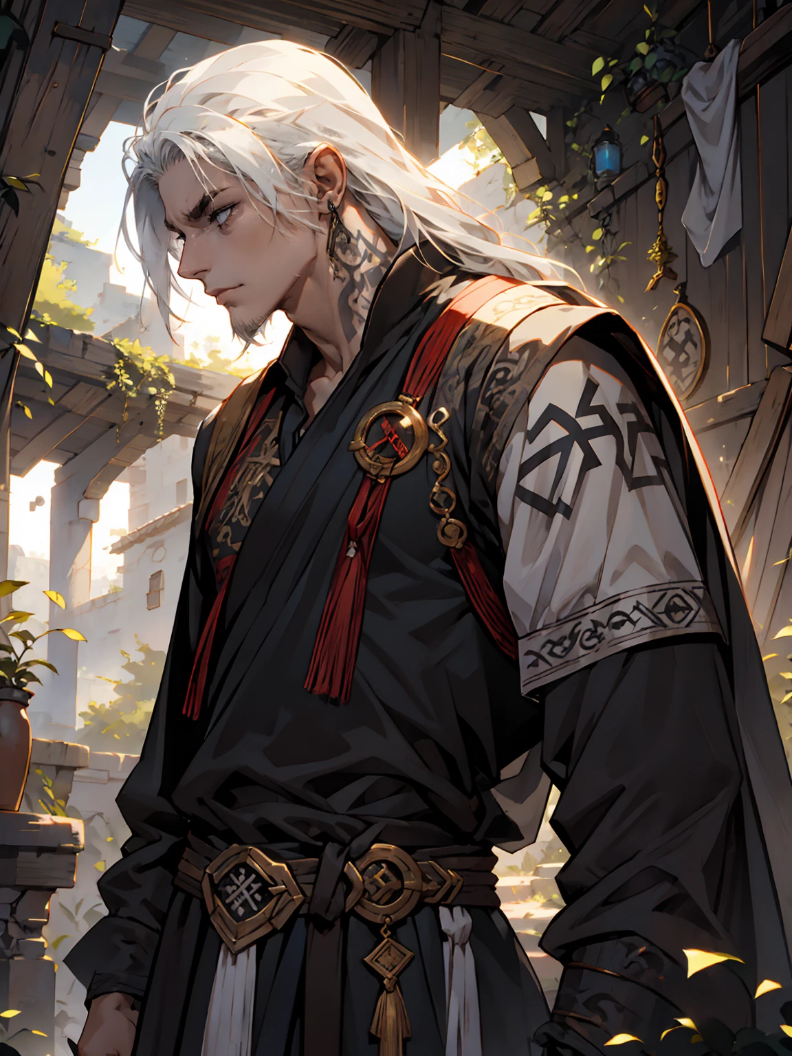 Handsome, tall, male, young, shoulder length hair, hair pushed back, white hair, strong jawline, grey eyes, no facial hair, black tunic, runes, runic tattoos,
