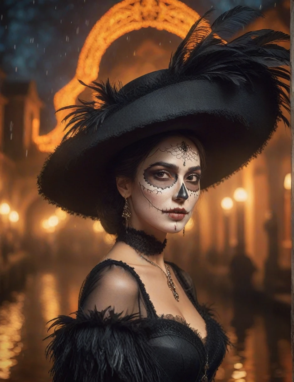 Hiperrealistic cinematic poster of a GAL GADOT wearing a black gothic vintage dress and a vintage hat adorned with LONG ostrich feathers, The scene is illuminated with orange-tinted lighting, creating a warm and mystical atmosphere. The woman has traditional Catrina makeup, blending elegance with cultural heritage. Behind her, there is a natural water canal surrounded by natural WOOD, with a bokeh effect in the background. Soft raindrops fall, gently illuminated by GLOW WORM t in the background. The poster has a standard cinematic size of 24x36 inches. Ultra-detailed, 4K resolution." 4k, hyperrealistic, cinematic lighting, vintage fashion, Day of the Dead, Catrina makeup, orange lighting, bokeh