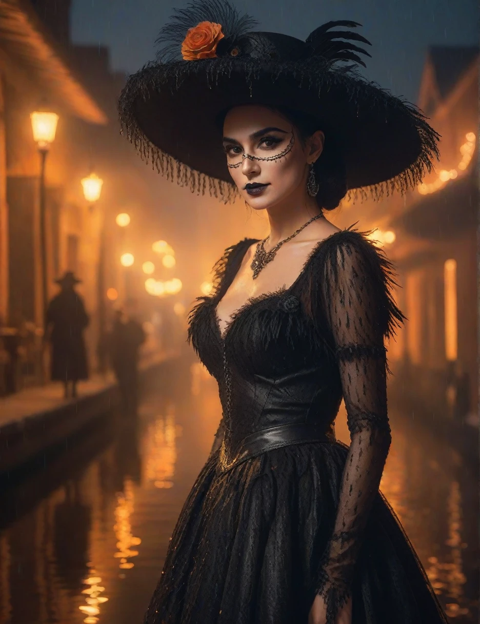 Hiperrealistic cinematic poster of a GAL GADOT wearing a black gothic vintage dress and a vintage hat adorned with LONG ostrich feathers, The scene is illuminated with orange-tinted lighting, creating a warm and mystical atmosphere. The woman has traditional Catrina makeup, blending elegance with cultural heritage. Behind her, there is a natural water canal surrounded by natural WOOD, with a bokeh effect in the background. Soft raindrops fall, gently illuminated by GLOW WORM t in the background. The poster has a standard cinematic size of 24x36 inches. Ultra-detailed, 4K resolution." 4k, hyperrealistic, cinematic lighting, vintage fashion, Day of the Dead, Catrina makeup, orange lighting, bokeh