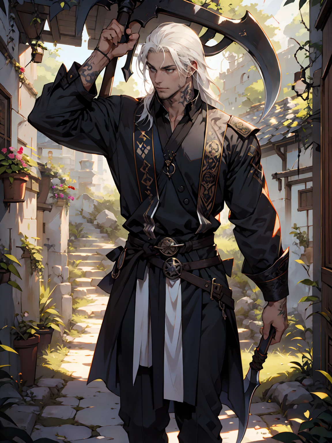 Handsome, tall, male, young, shoulder length hair, hair pushed back, white hair, strong jawline, grey eyes, no facial hair, black tunic, runes, runic tattoos, scythe,
