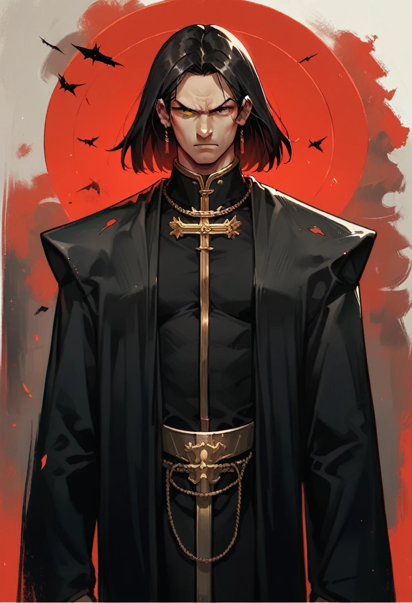 Anime 55 year old Sect Leader, dark robes, japanese, warrior, discrete and powerfull iron fist leader, black hair