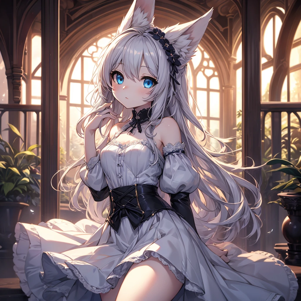 silver hair, dog ears, white dress,wavy hair,delicate features quiet gaze,beautiful half body illustration,beautiful backgraund,atmospheric lighting,sharp focus,vlumetric lighting,cute face,reduce saturation,fine detailed face,small nose and mouth,volumetric top lighting,bold line painting, soft shadow,((masterpiece, best quality)), (1girl), (solo), (female focus),small breasts,flat tits,Lolita,short height,skinny girl,blue eyes,open legs,animal ears,
