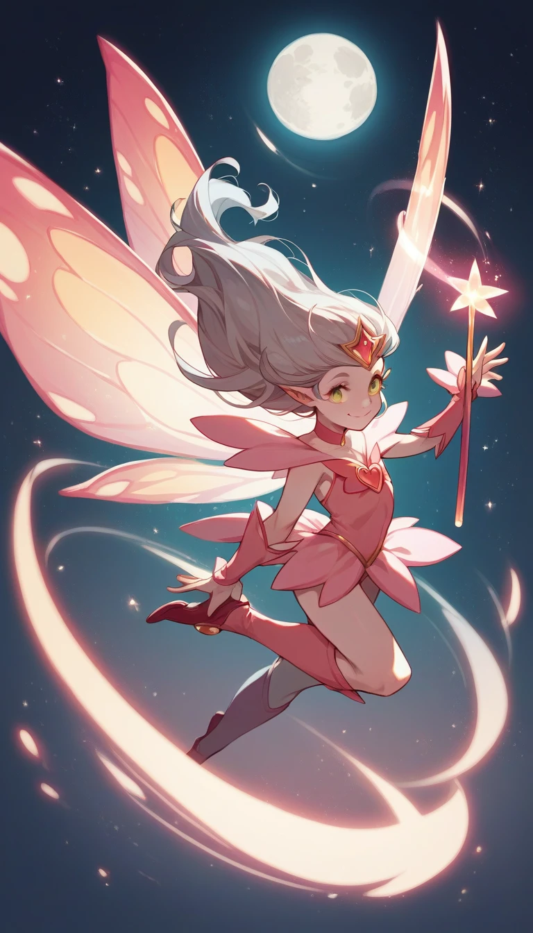 Magical girl, 12 years old, flat chest, Night Sky, smile, Golden Eyes, Gray Hair, Long Hair, Pink costume, Pure white skin, Fairy Wings, Magic Stick, Full moon background, Backlight, Flying in the air, 