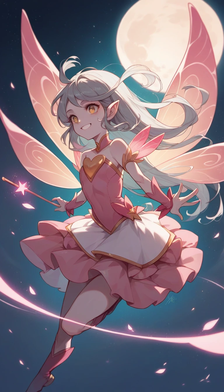 Magical girl, 12 years old, flat chest, Night Sky, smile, Golden Eyes, Gray Hair, Long Hair, Pink costume, Pure white skin, Fairy Wings, Magic Stick, Full moon background, Backlight, Flying in the air, 