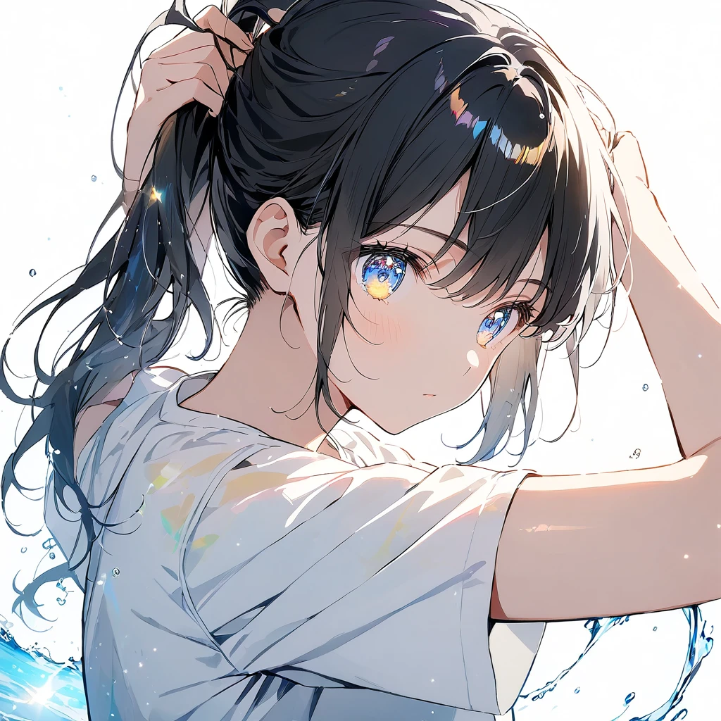 (masterpiece:1.2),(anime),Eyes Shining，Shining Eyes，shine，Light of the Eye，Black Hair，ponytailを括る，Tying up hair，ponytail，Fleeting，Light blue eyes，golden eyes，Background is white，No background，Clothes: White T-shirt，Lighter pigment、Water color、golden eyes，glitter eyes