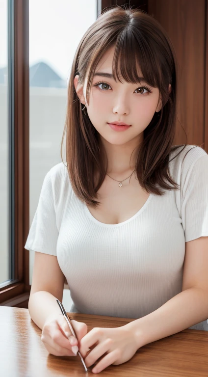 (8k, Ultra-high resolution, Highest quality, Tabletop:1.2),(18-year-old:1.2)、(avert your eyes)、8k、Japanese girl&#39;s life々Beautiful portrait、Photorealistic、Ultra-high resolution、Highest quality、 (Quite large breasts、Hide all breasts:1.2)(high school girl、White collared shirt、Navy pleated mini skirt:1.3)、(Standing on a crowded station platform:1.2) Cute Smile、(Brown long straight hair、Black Loafers、Navy Socks:1.2)