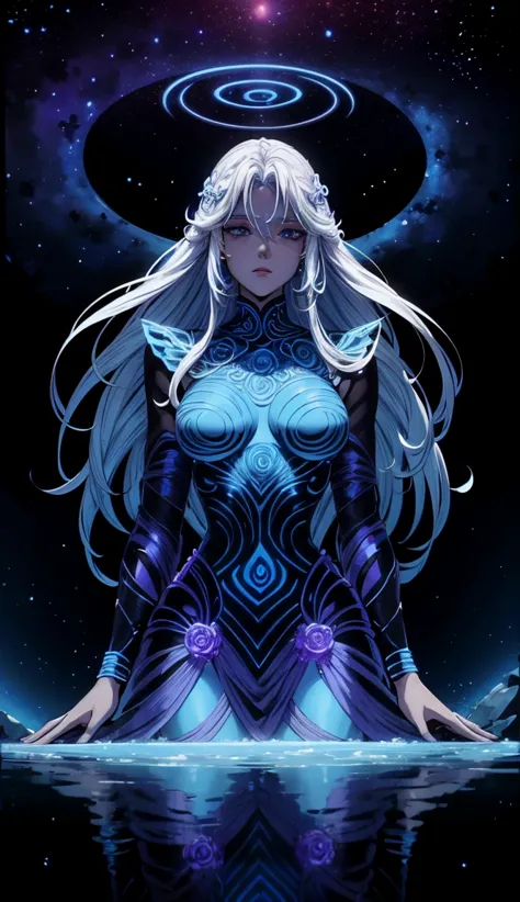 a mystical woman floating in the galaxy, ethereal hair, empress of the cosmic realm attire, mystical, blue-tinted skin, (best qu...