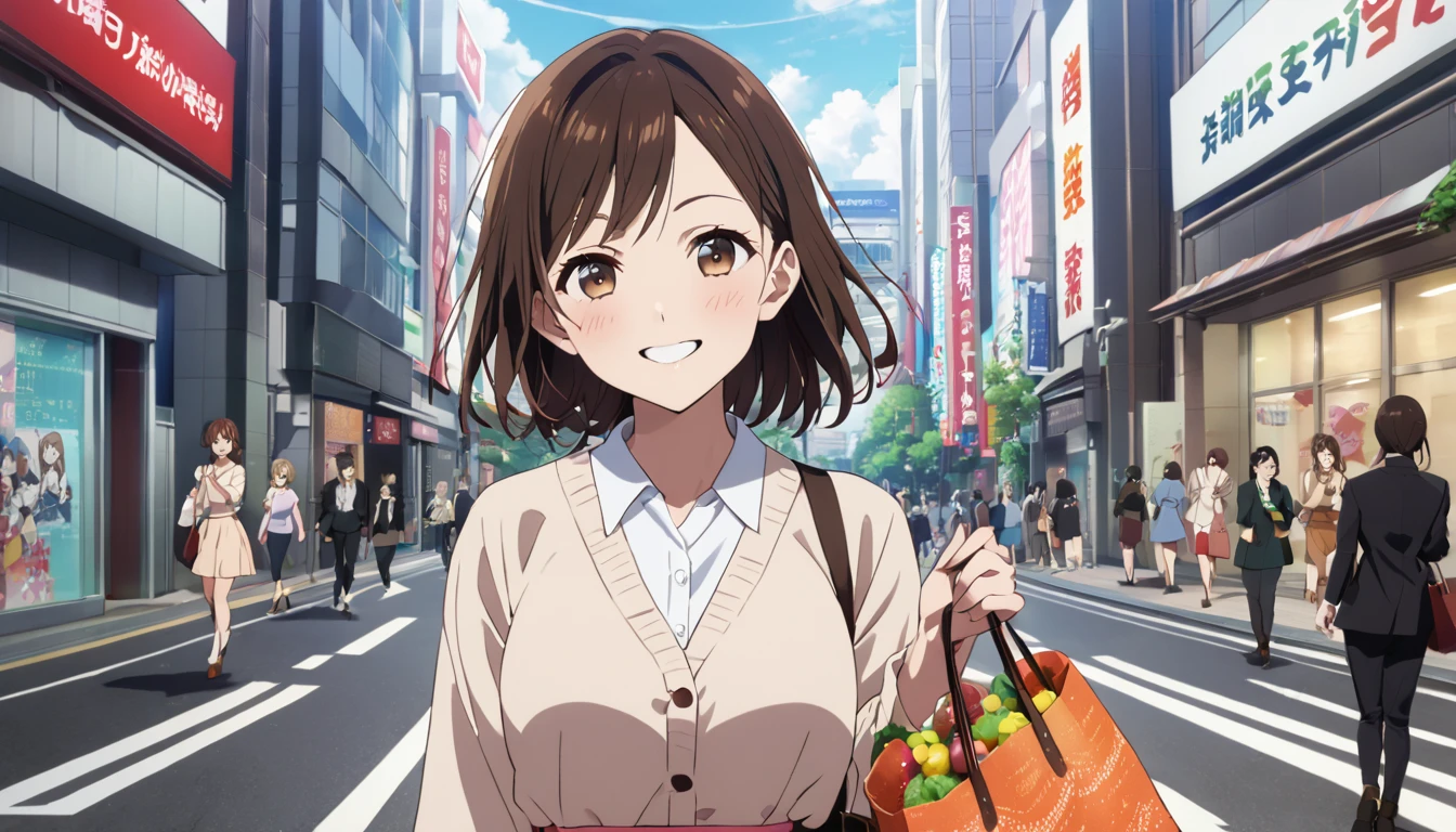 Mizuhara Chizuru, adult  woman, fund: Tokyo city, happy facial expression, beautiful smiling, holding the bag with both hands, アニメ