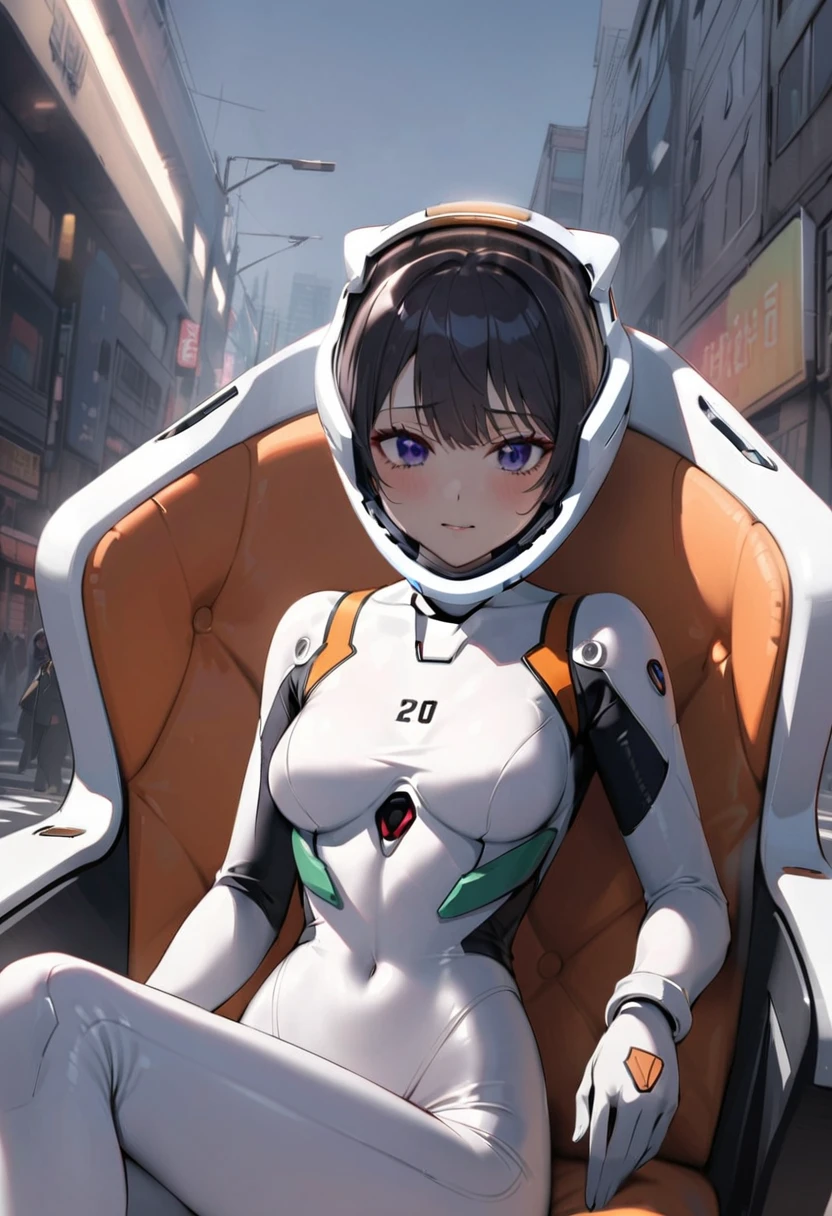 ( short hair, street, emo, BLACK hair, white eyes, eyeliner, apocalypse, girl, nside the (cockpit) of a (futuristic spaceship:1.6), , blush,sitting on a chair, covered navel, space helmet, muvluv, space helm, plugsuit , space helmet, eva helm,white bodysuit, short hair, upper body,close up