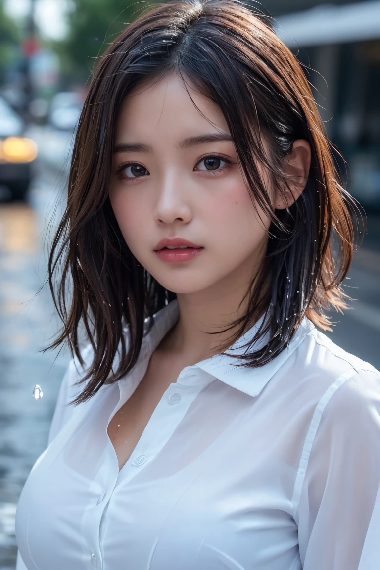 ((Highest quality, 8k, masterpiece: 1.3)), sharp: 1.2, Perfect Body Beauty: 1.4, Slim Abs: 1.2, ((Layered Hairstyles, Big Breasts: 1.2)), (Wet White Button Long Shirt: 1.1), (rain, street: 1.2), Wet: 1.5, Highly detailed face and skin texture, Detailed eyes, double eyelid, Profile looking at the camera