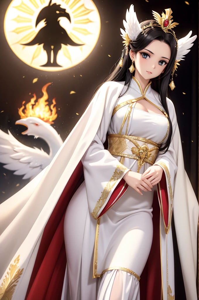 Black Hair, Immortal, Beauty, Royal sister, Stepmother, White and gold robe robe, Golden Phoenix Coronet, Hair Bunch,Mature Woman，Sunshine