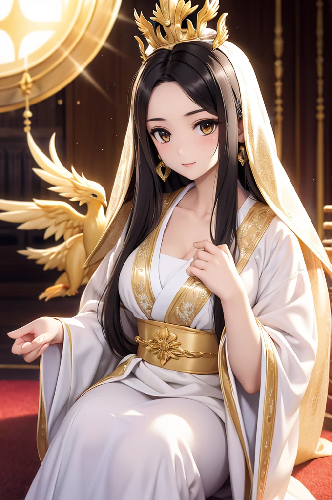 Black Hair, Immortal, Beauty, Royal sister, Stepmother, White and gold robe robe, Golden Phoenix Coronet, Hair Bunch,Mature Woman，Sunshine