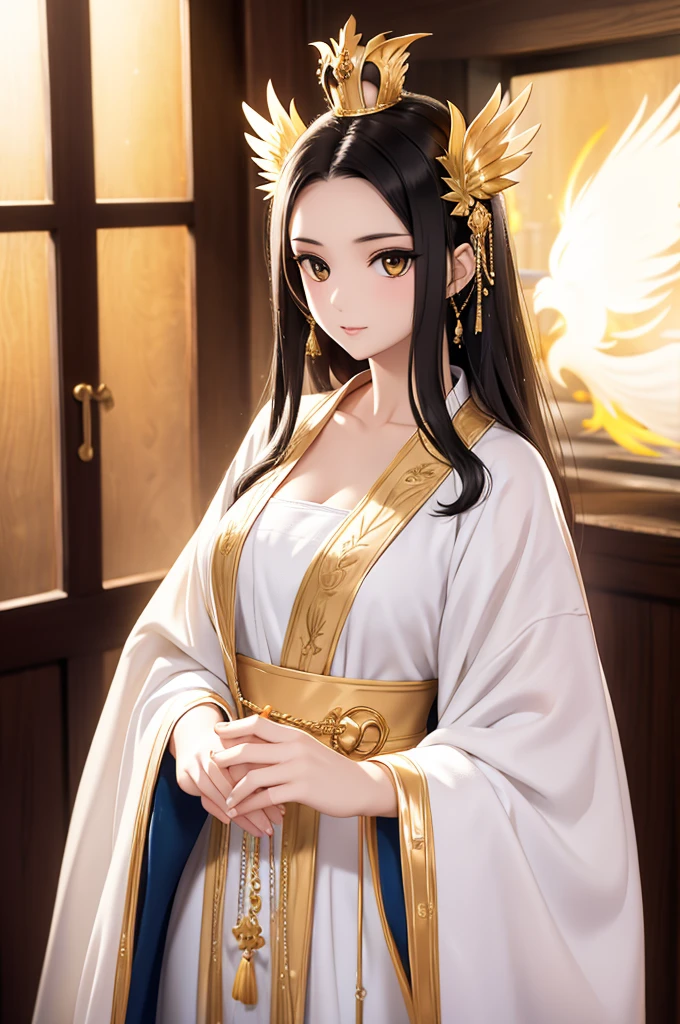 Black Hair, Immortal, Beauty, Royal sister, Stepmother, White and gold robe robe, Golden Phoenix Coronet, Hair Bunch,Mature Woman，Sunshine