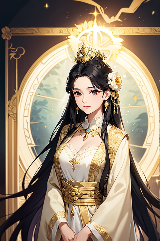 Black Hair, Immortal, Beauty, Royal sister, Stepmother, White and gold robe robe, Golden Phoenix Coronet, Hair Bunch,Mature Woman，Sunshine