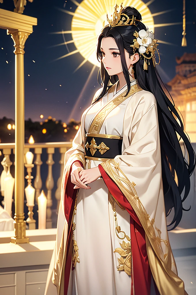 Black Hair, Immortal, Beauty, Royal sister, Stepmother, White and gold robe robe, Golden Phoenix Coronet, Hair Bunch,Mature Woman，Sunshine