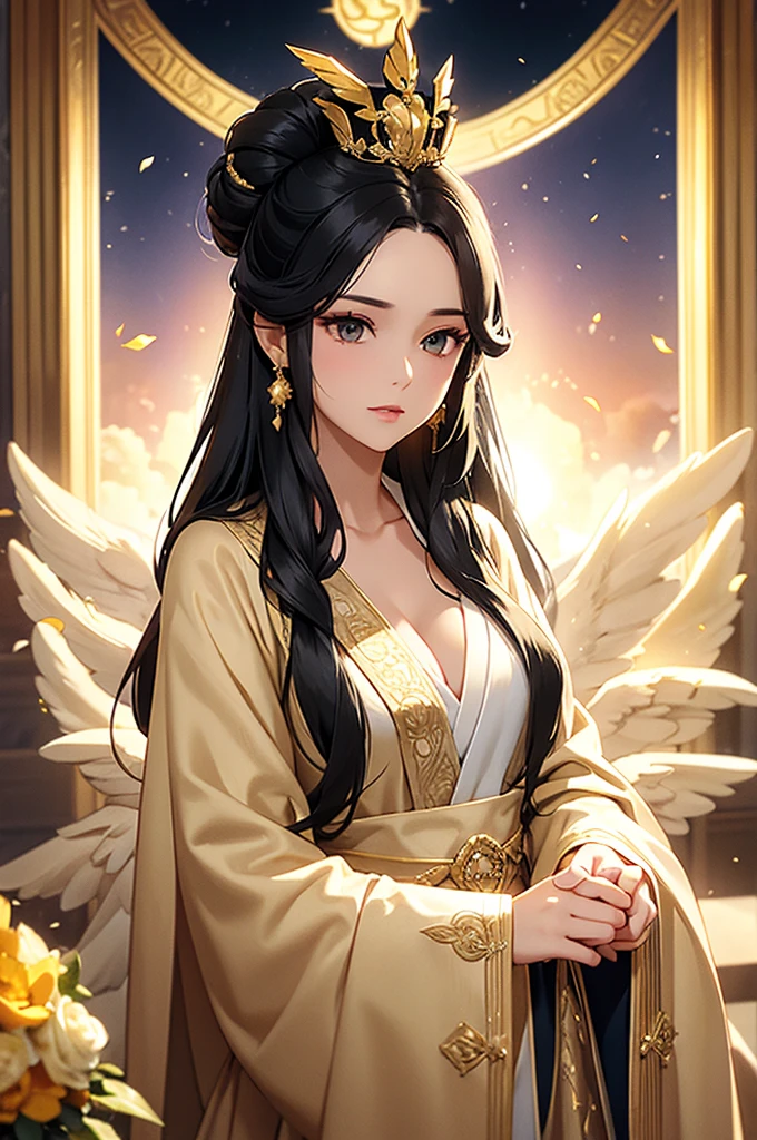 Black Hair, Immortal, Beauty, Royal sister, Stepmother, White and gold robe robe, Golden Phoenix Coronet, Hair Bunch,Mature Woman，Sunshine