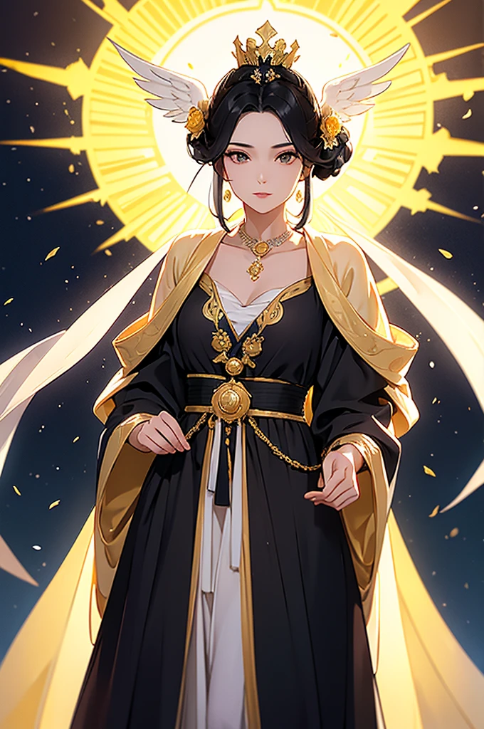 Black Hair, Immortal, Beauty, Royal sister, Stepmother, White and gold robe robe, Golden Phoenix Coronet, Hair Bunch,Mature Woman，Sunshine