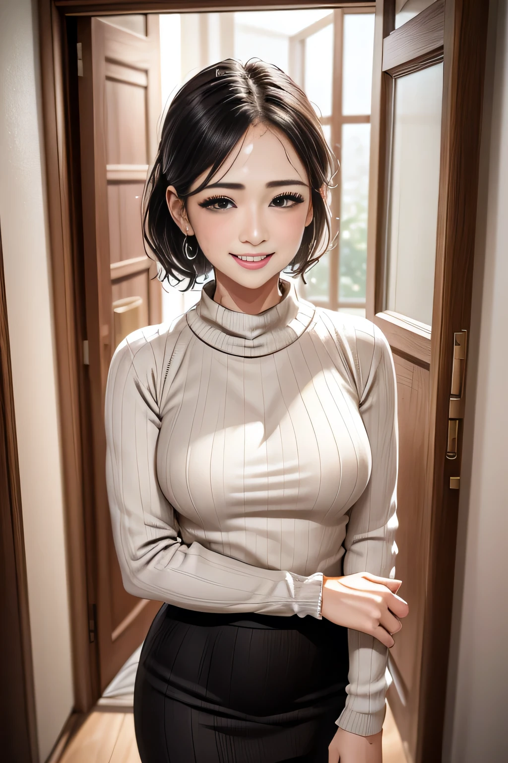 /(Modern house interior/), 1 Female, solo, Middle age, /(Random color ribbed sweater/), A gentle blushing smile, (Masterpiece Top quality:1.2) Delicate illustrations, Very detailed, ((Sweat, vapour)), In front of the entrance door, visit, (Full Shot)