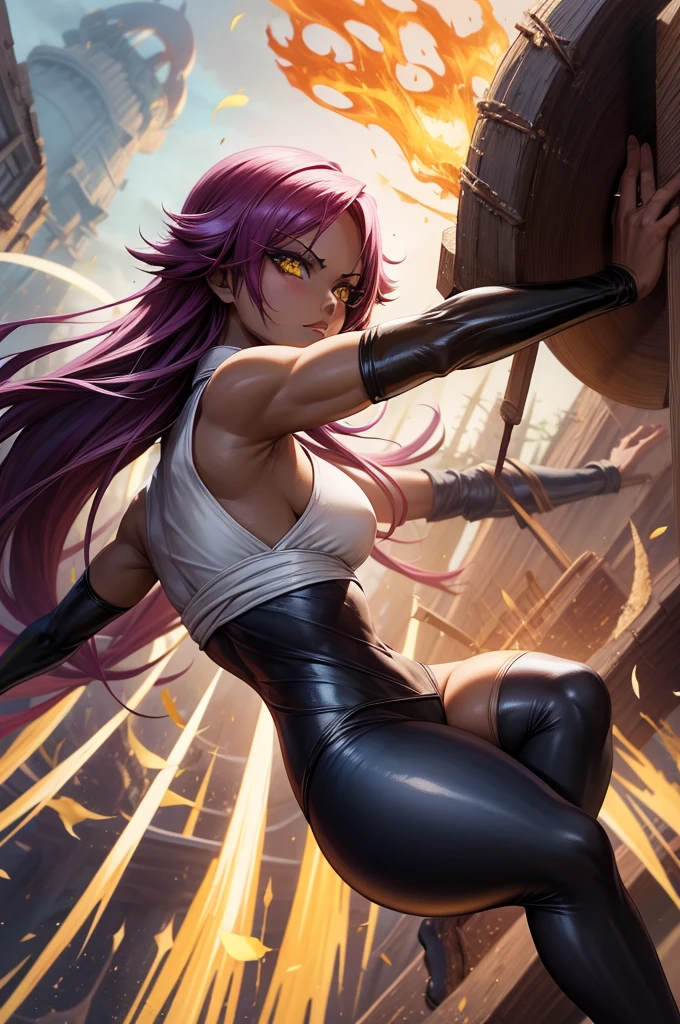 best qualityer, expressive eyes, face perfect, from front view, Shihouin Yoruichi (Bleach), darkskin, ((collant preto)), arm gloves, Stockings, yellow  eyes, cabelo roxo, long hair, hypdertailed, thicc thighs, Burning Forest