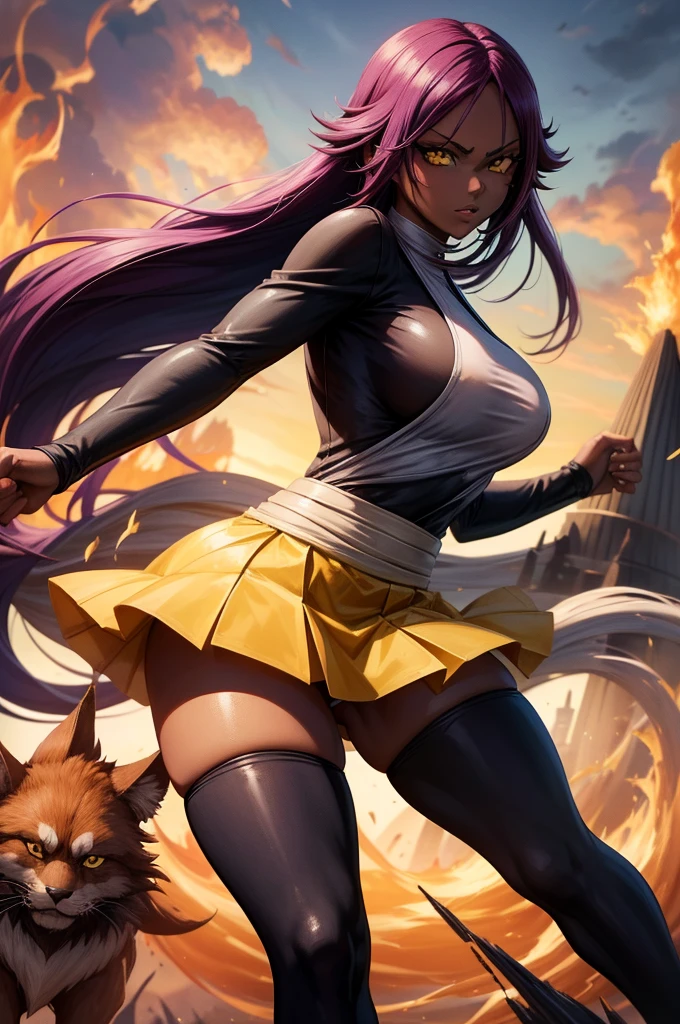 best qualityer, expressive eyes, face perfect, from front view, Shihouin Yoruichi (Bleach), darkskin, ((collant preto)), arm gloves, Stockings, yellow  eyes, cabelo roxo, long hair, hypdertailed, thicc thighs, Burning Forest