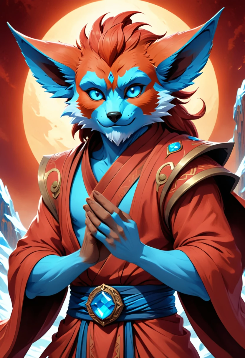 Anthropomorphic  kitsune-satyr monk. red fur. Old, wrinkled ancient, decrepit. Crystal blue eyes. wise face. wizened. long detailed fingers. Official Art – An Award-Winning Digital Masterpiece In 4K Ultra HD, Extreme Detail And Intricate Realism. Symmetrical Face. This  bright and colorful Concept Art Brought To Life By The Hands Of Artists Like Wlop & Artgerm In A Stunning 2D Vector Illustration.  Background Is A Panoramic Vista.
