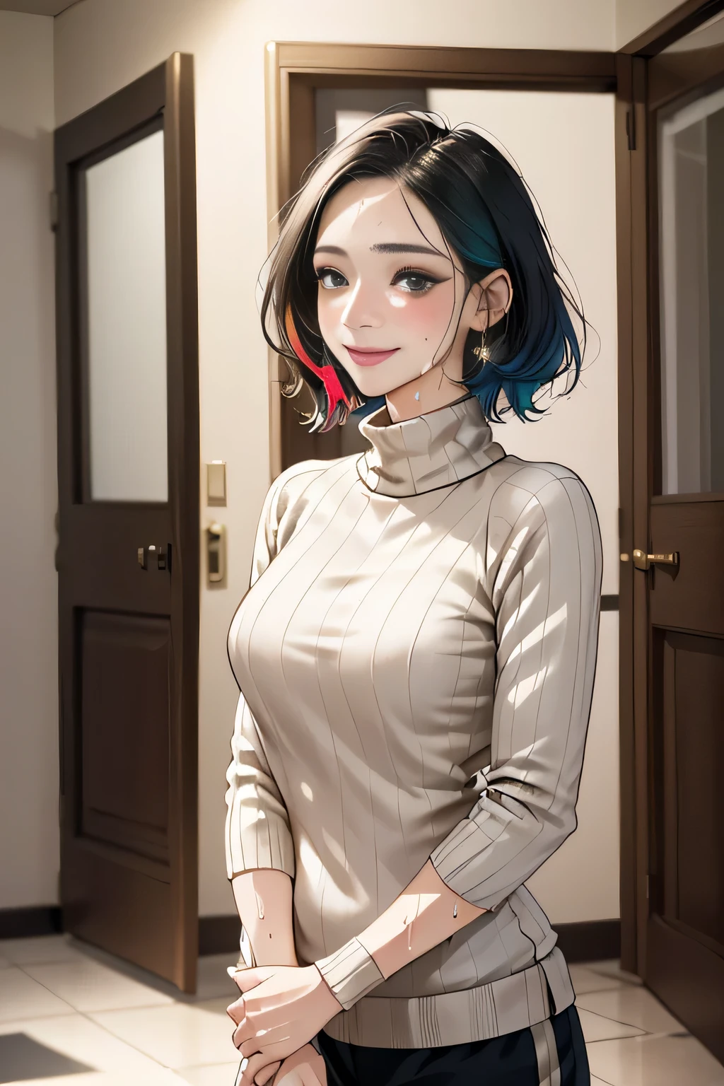 /(Modern house interior/), 1 Female, solo, Middle age, /(Random color ribbed sweater/), A kind smile, (Masterpiece Top quality:1.2) Delicate illustrations, Very detailed, ((Sweat, vapour)), In front of the entrance door, visit, (Full Shot)