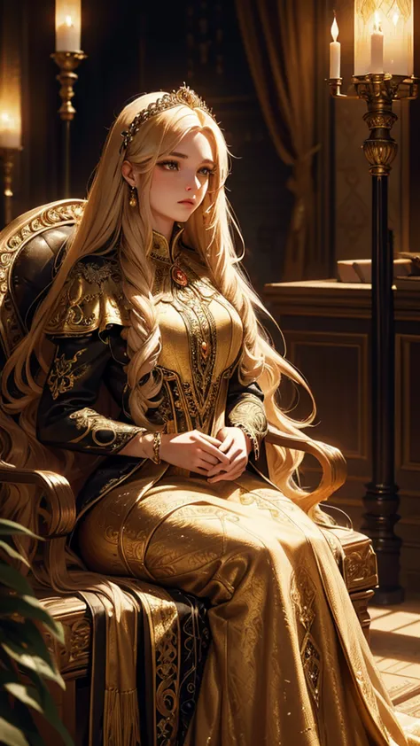 a beautiful princess with long golden hair sitting in a luxurious dungeon, anxious expression, ornate dress, fantasy, intricate ...