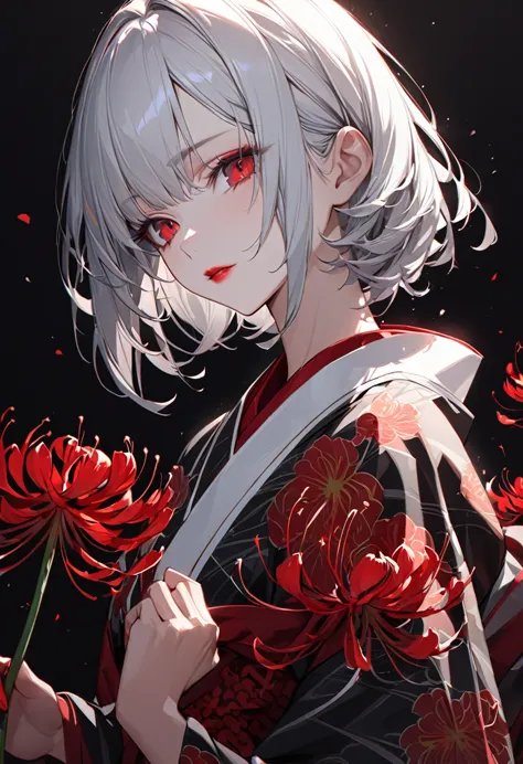 girl in kimono, white medium hair, red eyes, red lips, a kimono with a red spider lily on a black background, red splash pattern...