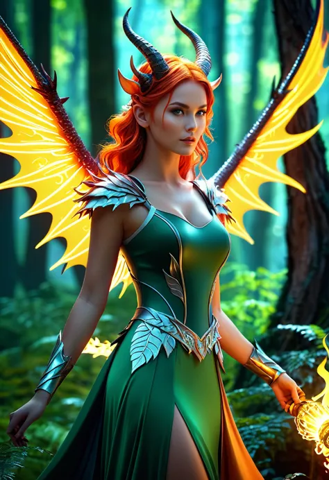 a beautiful girl with flaming hair and wonderful horns in a magical forest, 3d realistic animation, cgi animated fantasy work, r...