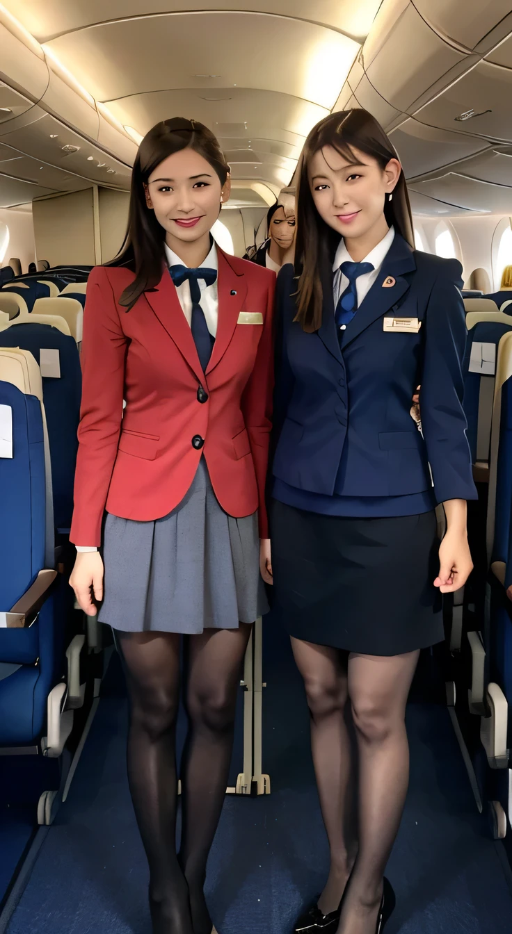 Highest quality、8k、Best image quality、Award-winning works), Full body photo、Two beautiful women、、Ultra-high resolution、Depth of written boundary、Lens Flare 1 Girl、、Brown Hair, Capture the attention of the audience, Large Breasts , Stewardess Uniform, ( Stewardess Blazer:1.3), Knee-length skirt、tights、, (Black high heels, smile , Airplane cabin
