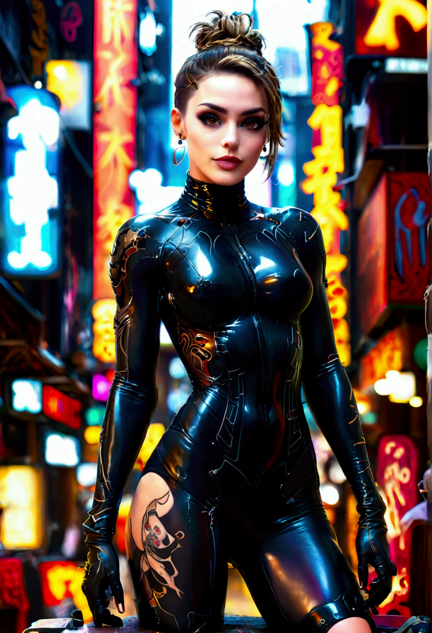 (Whole body:1.4), Heavily tattooed woman, open thighs, standing with one leg forward, hands behind head pose, crooked grin, contrapposto stance, solo,black high leg bodysuit, second skin bodysuit, dark blonde hair in a messy bun, (hazel eyes), skin tight, bare arms, skin-tight boots, thigh high boots, rounded hips, realistic,photorealistic, (correct anatomy), (correct hands), correct eyes, (human anatomy), crowded neon lit city street, night 