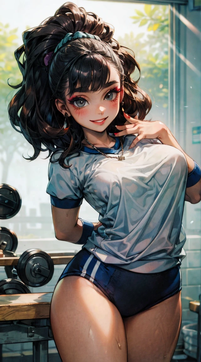 1 girl,work of art , best qualityer,high resolution, 4K, kitagawa marine, character in gym clothes,long hair, cute and voluptuous,make up,chic,necklase,jewerly,smiling,radiant happiness,posing sexy