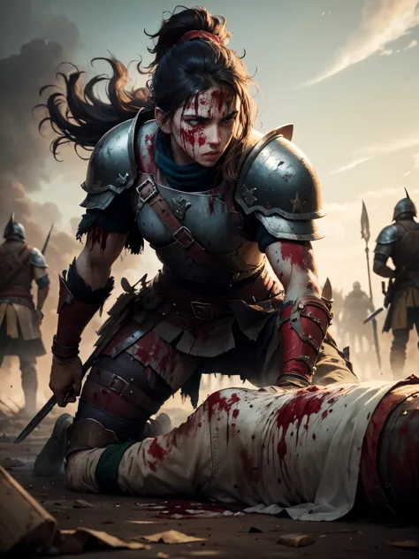 warrior on the ground, covered in blood