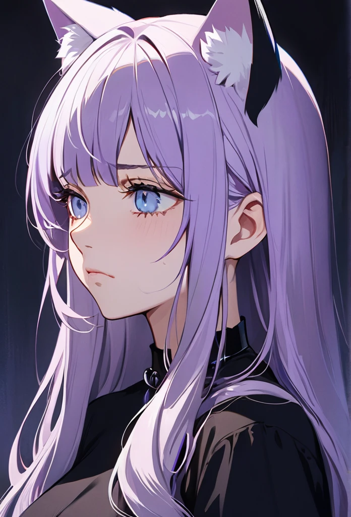 1girl, cat ears, long hair, bangs, light purple hair, gorgeous blue eyes, eyeliner, long lashes, sad, frown, collar, black top, breasts, gloomy and sad background, partial side profile, looking down 
