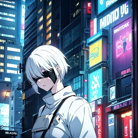 white haired short huge breasted android girl with light skin blindfold in a cyberpunk city at night