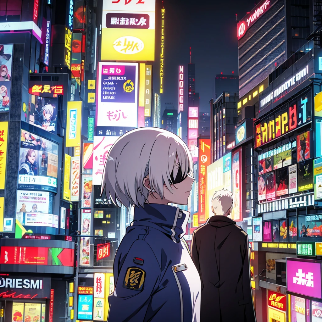 white haired short huge breasted android girl with light skin blindfold in a cyberpunk city at night 