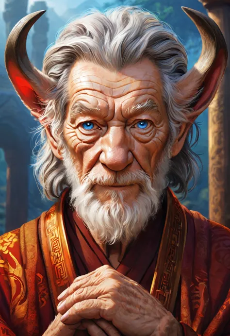 anthropomorphic geriatric kitsune-satyr monk. red fur. old, wrinkled ancient, decrepit. crystal blue eyes. wise face. wizened. l...