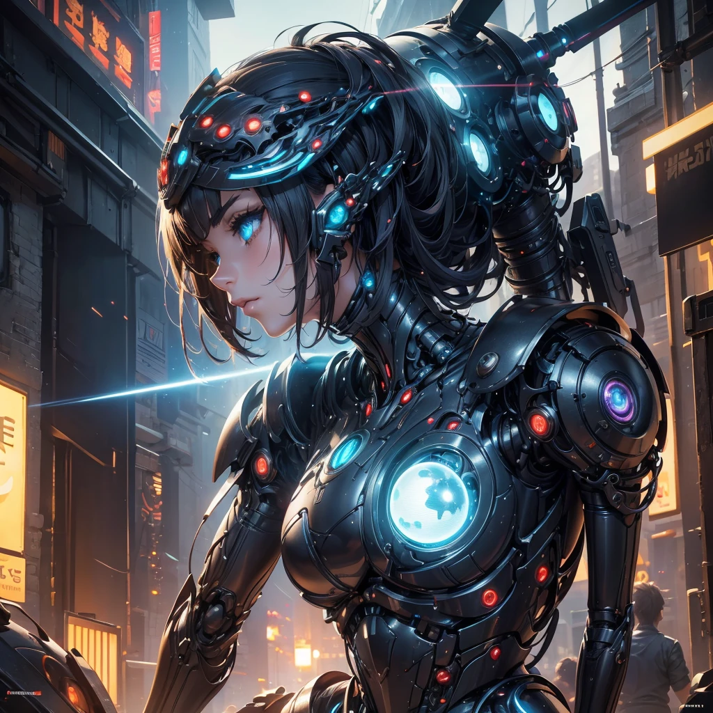 a young girl with mechanical monster companions, beautiful detailed eyes, beautiful detailed lips, extremely detailed face and features, long eyelashes, intricate mechanical armor, glowing energy orbs, futuristic cyberpunk setting, dramatic lighting, cinematic composition, vibrant colors, surreal atmosphere, digital painting, unreal engine, 8k, highly detailed, photorealistic, masterpiece