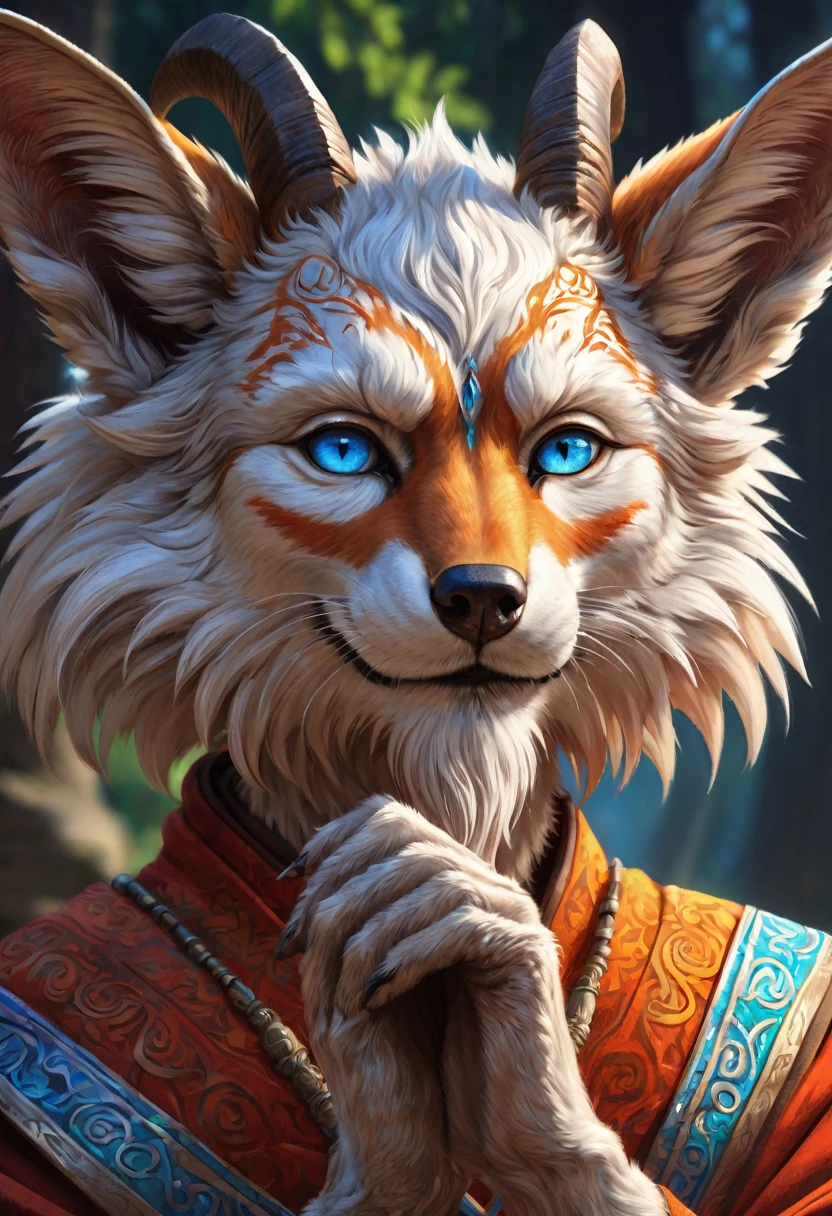 Anthropomorphic geriatric kitsune-satyr monk. red fur. Old, wrinkled ancient, decrepit. Crystal blue eyes. wise face. wizened. long detailed fingers. Official Art – An Award-Winning Digital Masterpiece In 4K Ultra HD, Extreme Detail And Intricate Realism. Symmetrical Face. This bright and colorful Concept Art Brought To Life By The Hands Of Artists Like Wlop & Artgerm In A Stunning 2D Vector Illustration. Background Is A Panoramic Vista.
