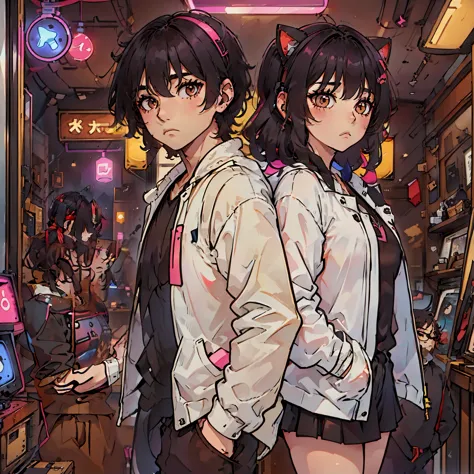 a boy and a neko girl are listening to music with headphones together in an old vinyl store, a room with a lot of singer poster,...